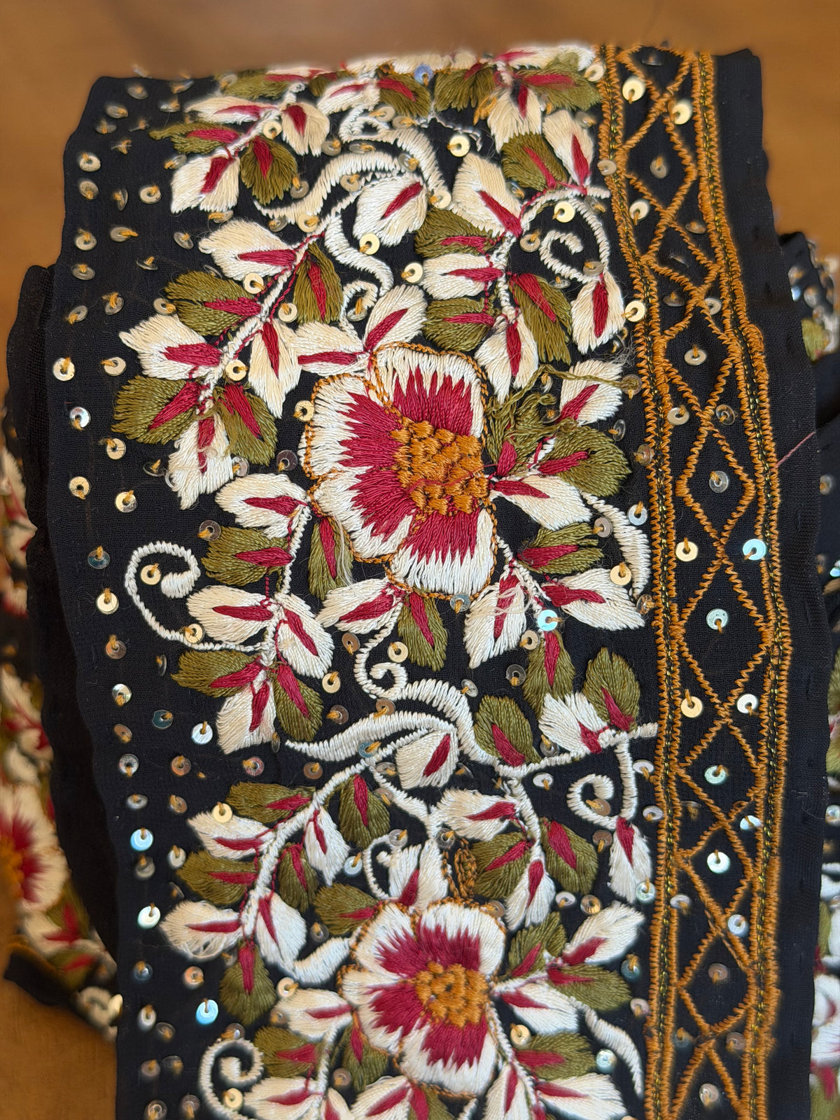 Upcycled Saree Trim – Black With Gold & Red Floral