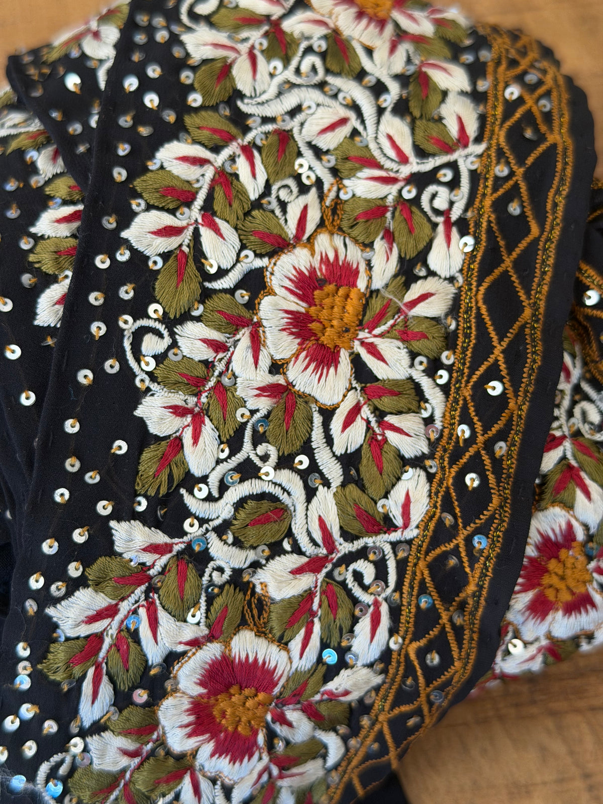 Upcycled Saree Trim – Black With Gold & Red Floral