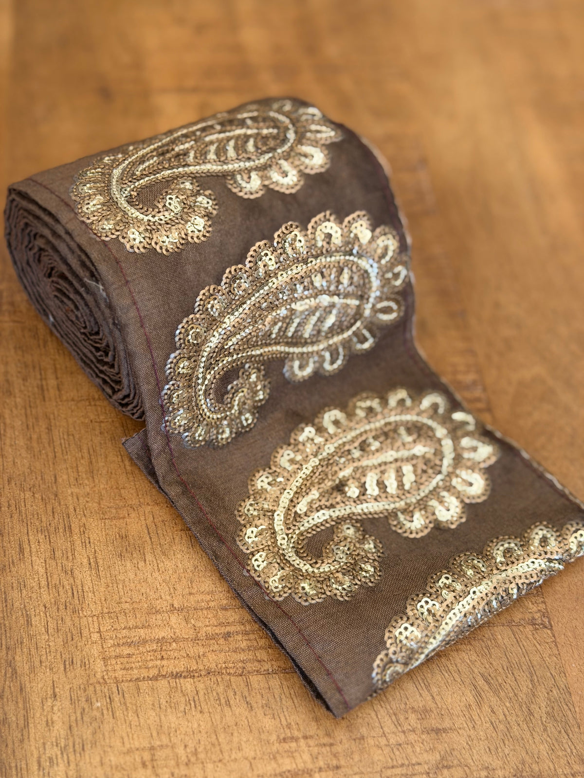 Upcycled Saree Trim – Gold Paisley on Brown