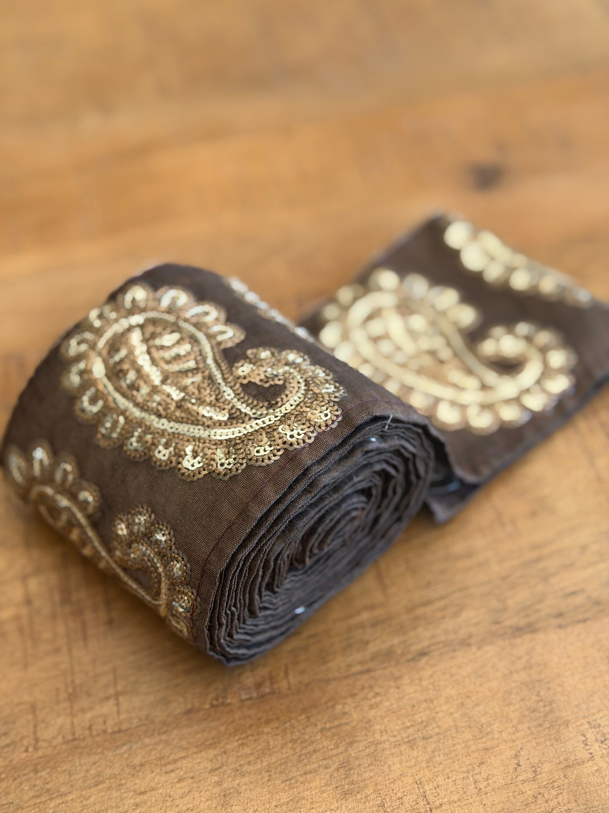 Upcycled Saree Trim – Gold Paisley on Brown