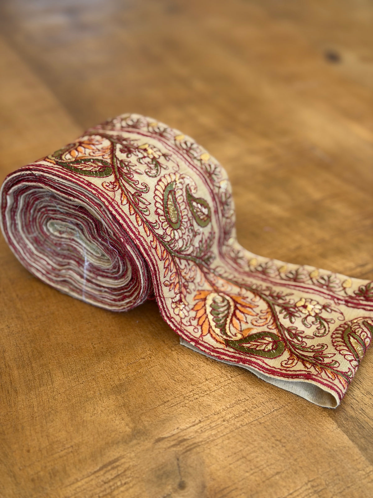Upcycled Saree Trim – Orange & Green Paisley