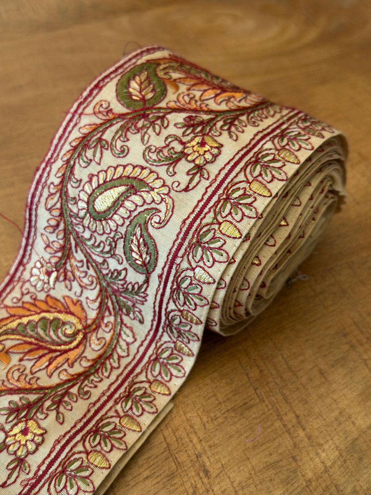 Upcycled Saree Trim – Orange & Green Paisley