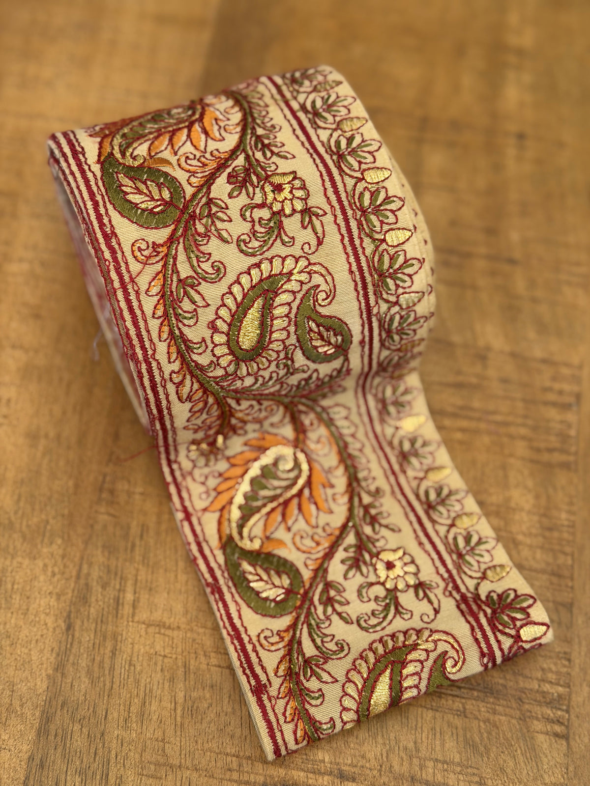 Upcycled Saree Trim – Orange & Green Paisley