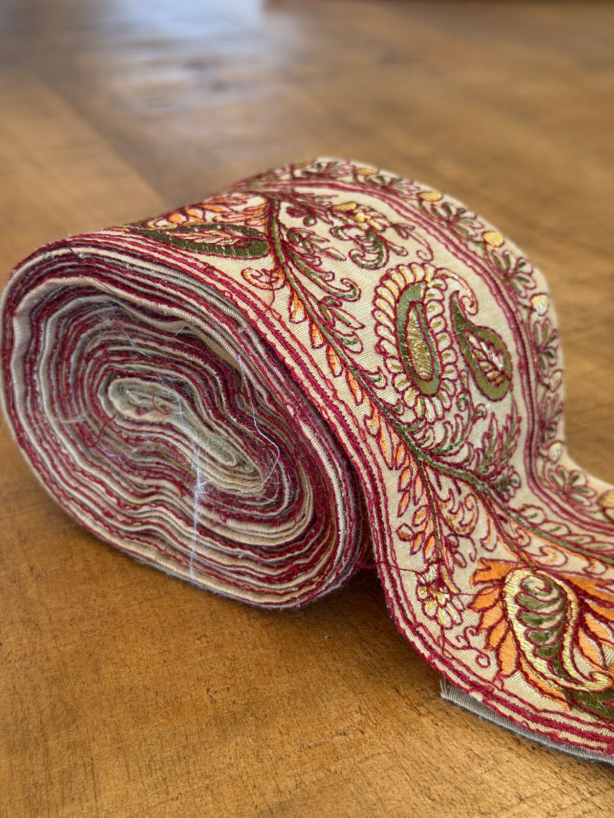 Upcycled Saree Trim – Orange & Green Paisley