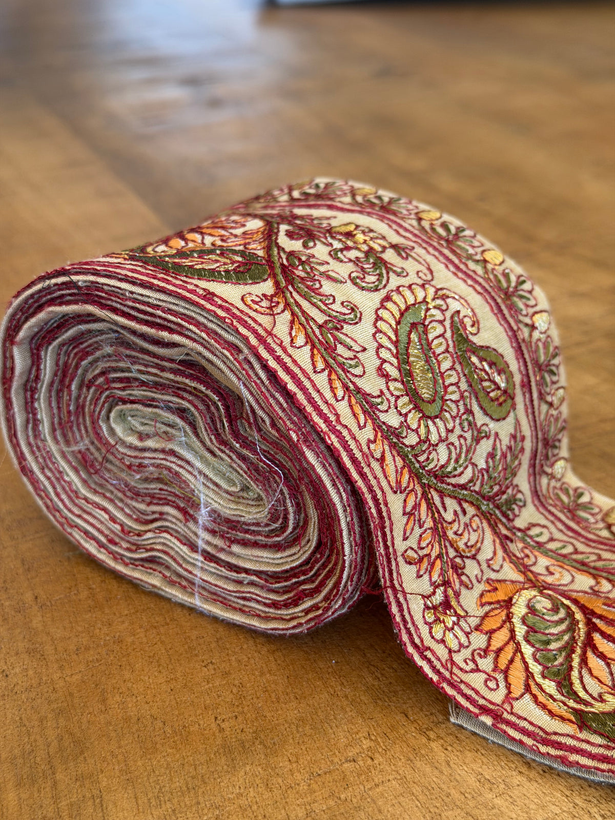 Upcycled Saree Trim – Orange & Green Paisley