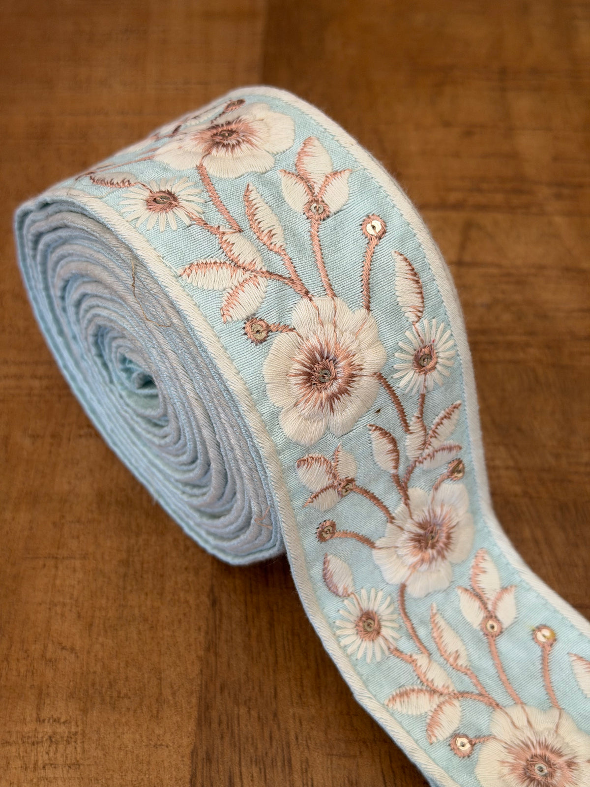 Upcycled Saree Trim – Pale Blue With White Floral