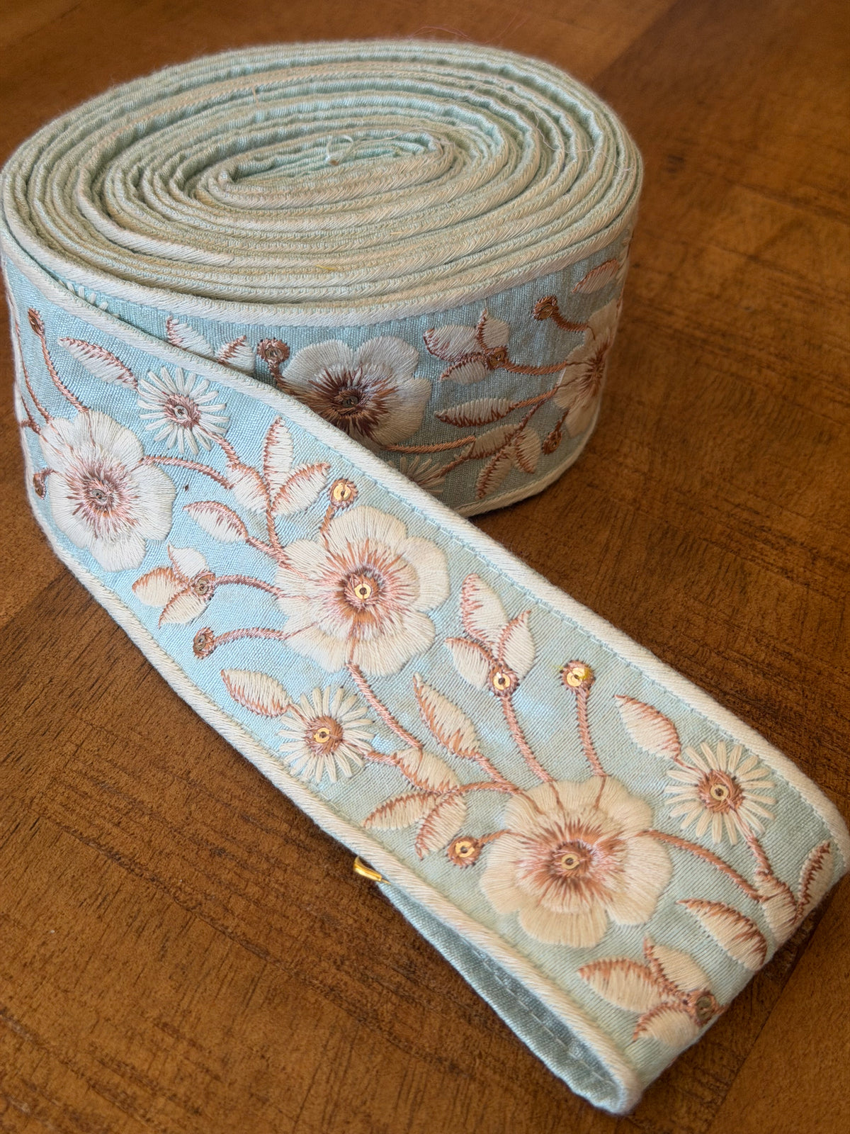 Upcycled Saree Trim – Pale Blue With White Floral