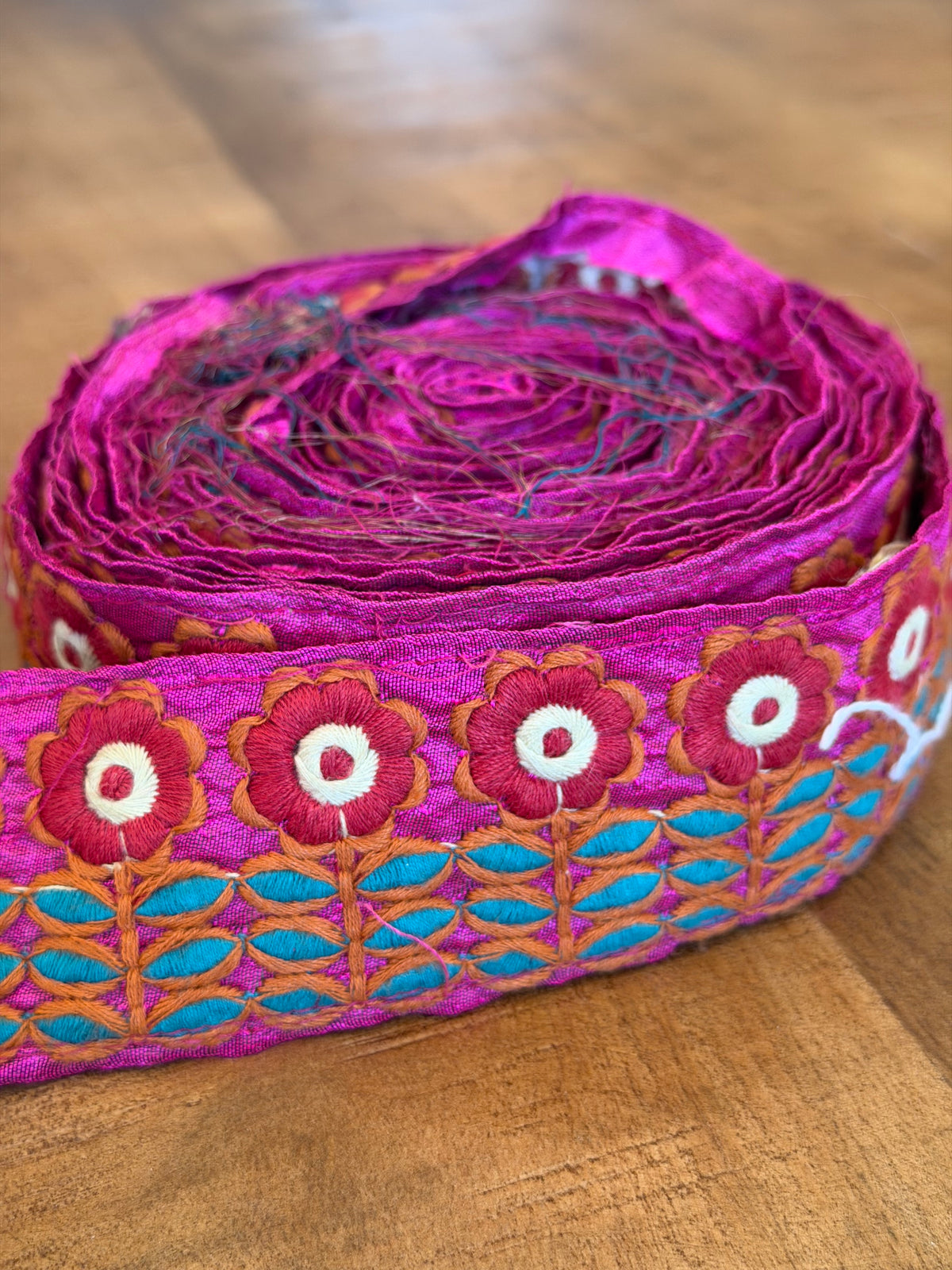 Upcycled Saree Trim – Pink Flower Garden