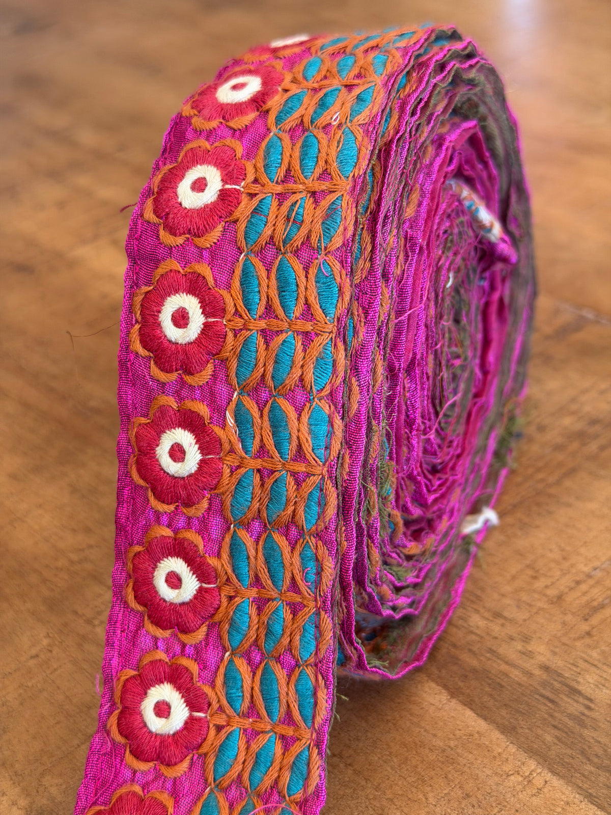 Upcycled Saree Trim – Pink Flower Garden