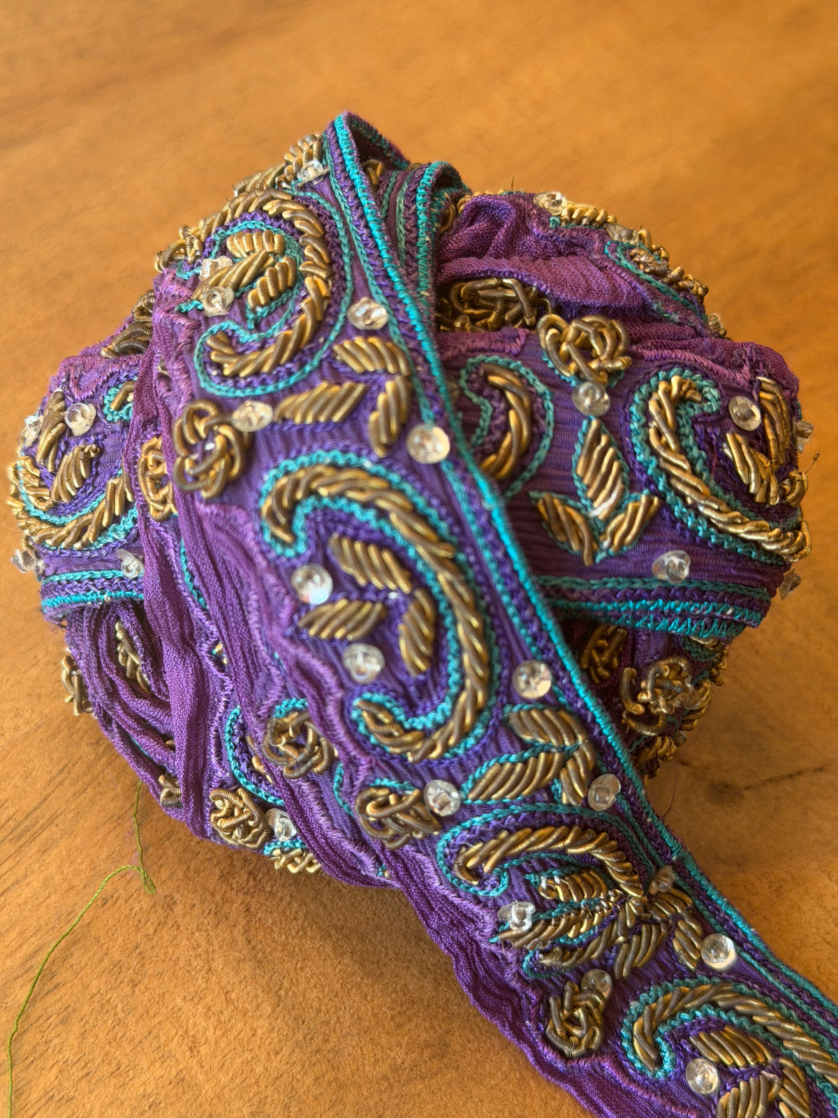 Upcycled Saree Trim – Purple With Zardozi Embroidery