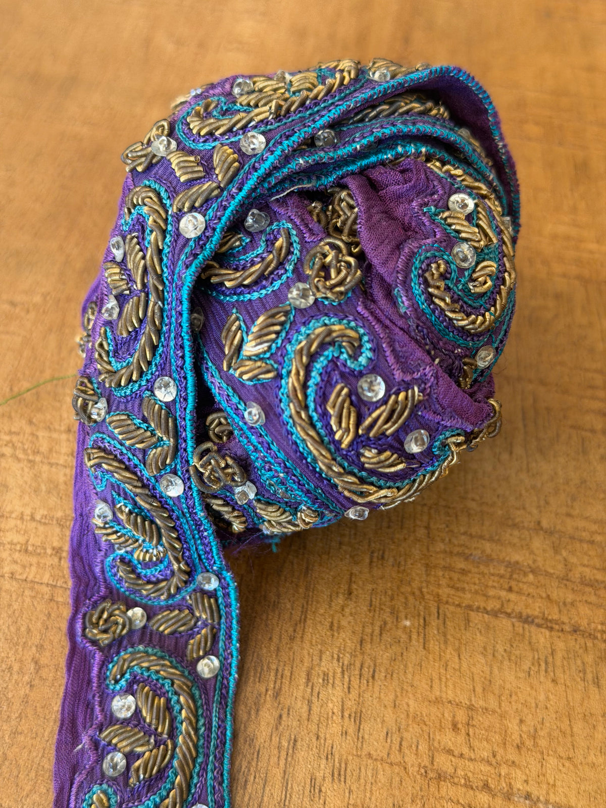Upcycled Saree Trim – Purple With Zardozi Embroidery