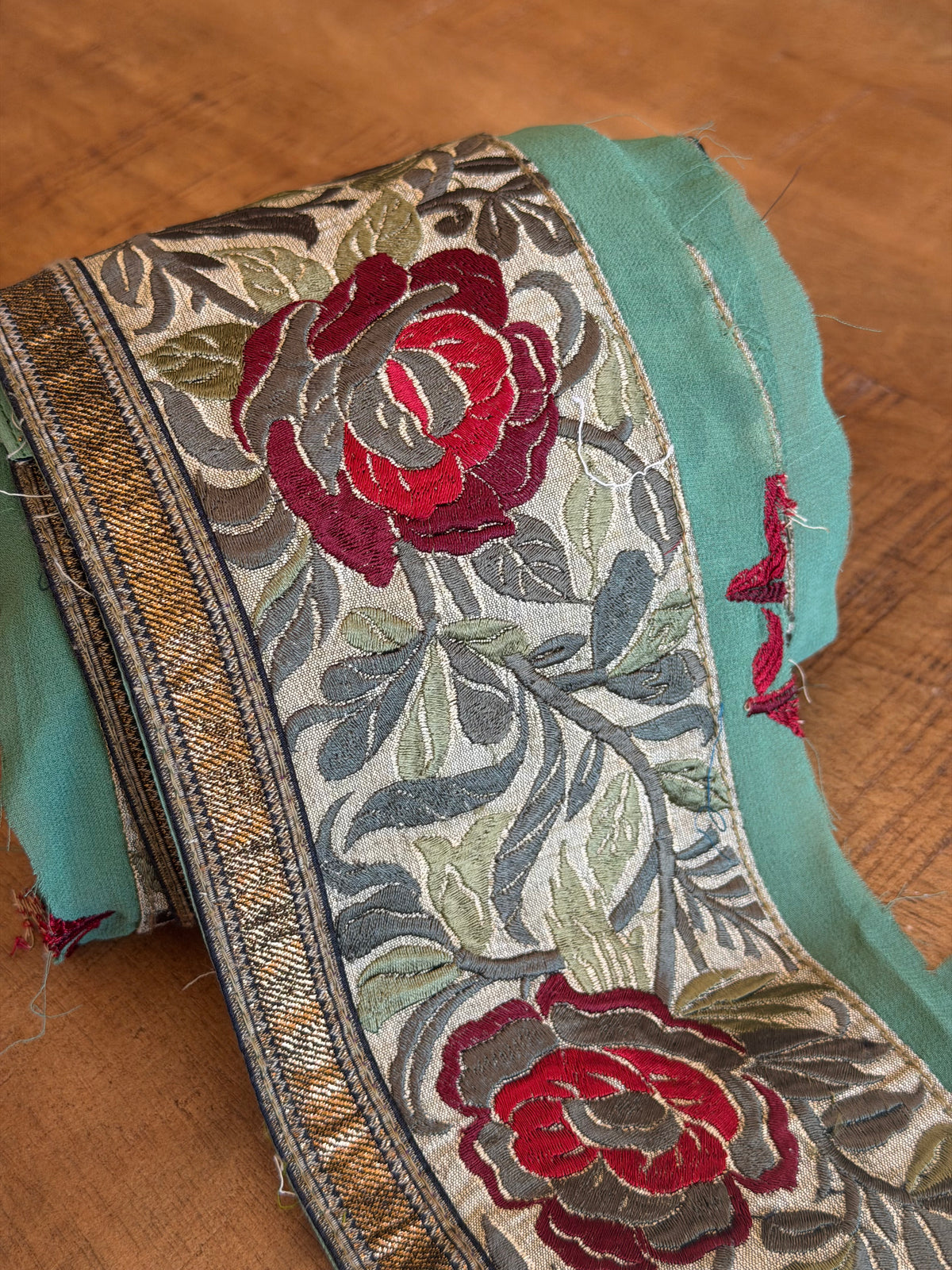 Upcycled Saree Trim – Red Floral With Green Leaves