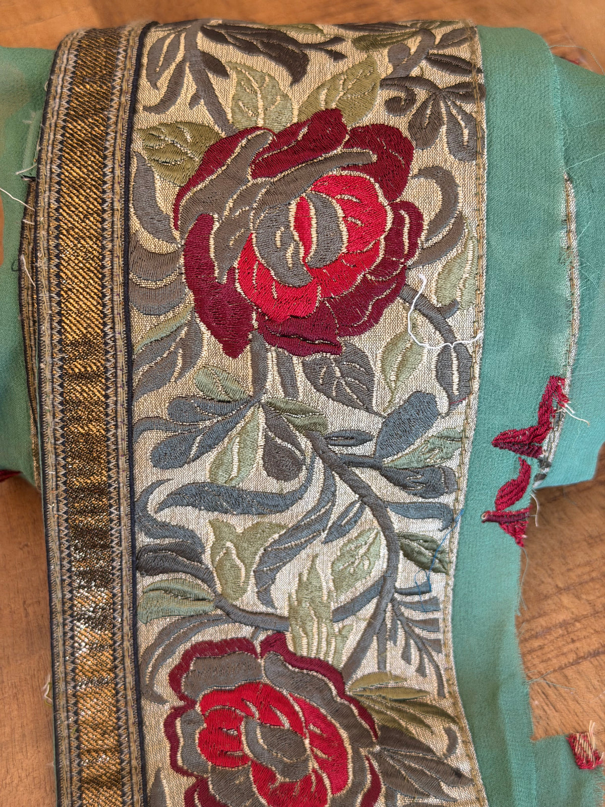 Upcycled Saree Trim – Red Floral With Green Leaves