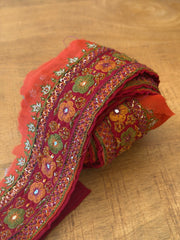 Upcycled Saree Trim – Red With Green & Orange Flowers