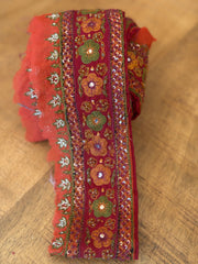 Upcycled Saree Trim – Red With Green & Orange Flowers