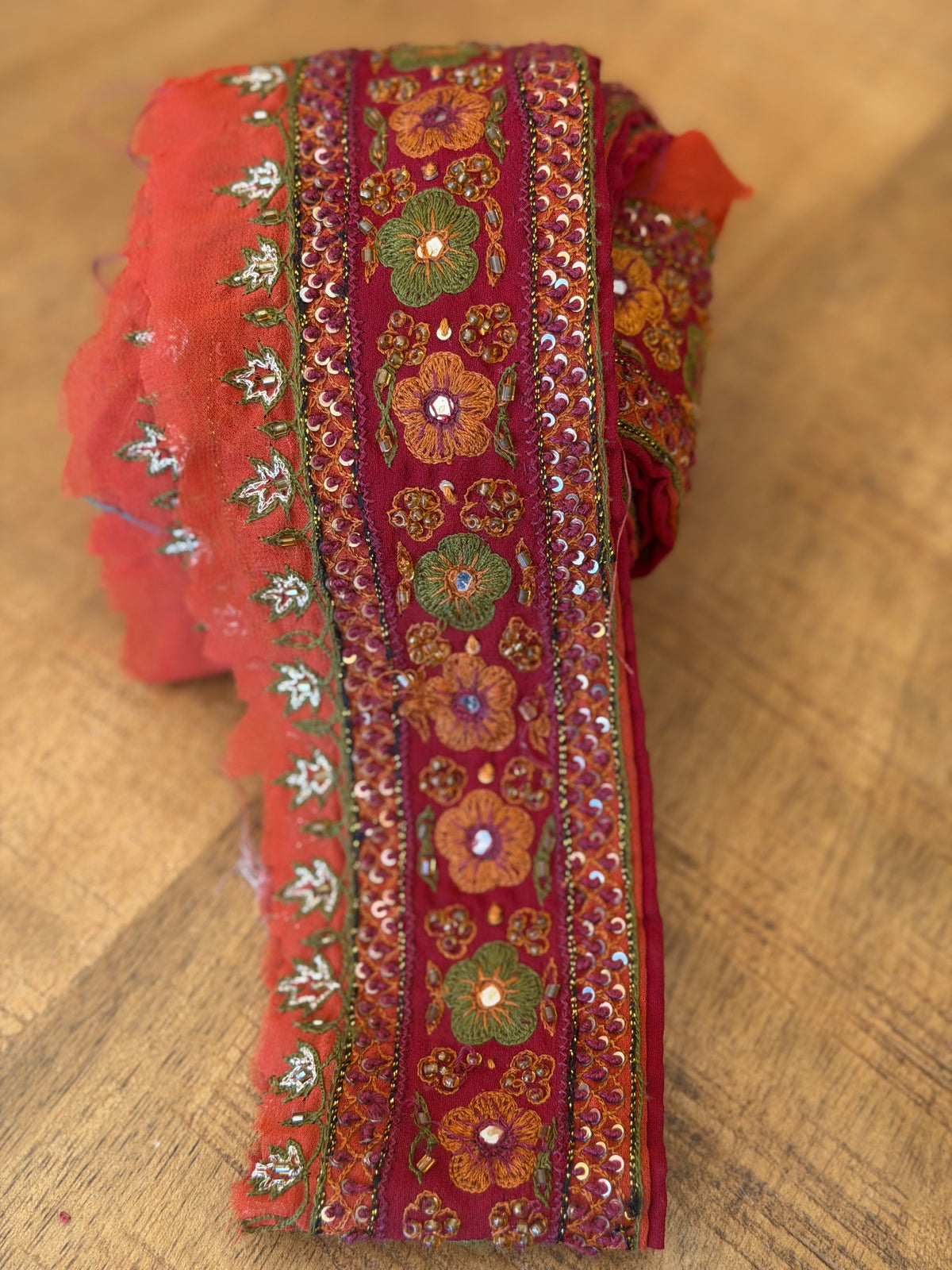 Upcycled Saree Trim – Red With Green & Orange Flowers