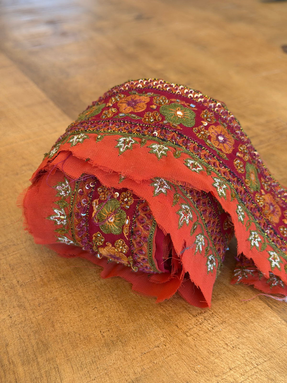Upcycled Saree Trim – Red With Green & Orange Flowers