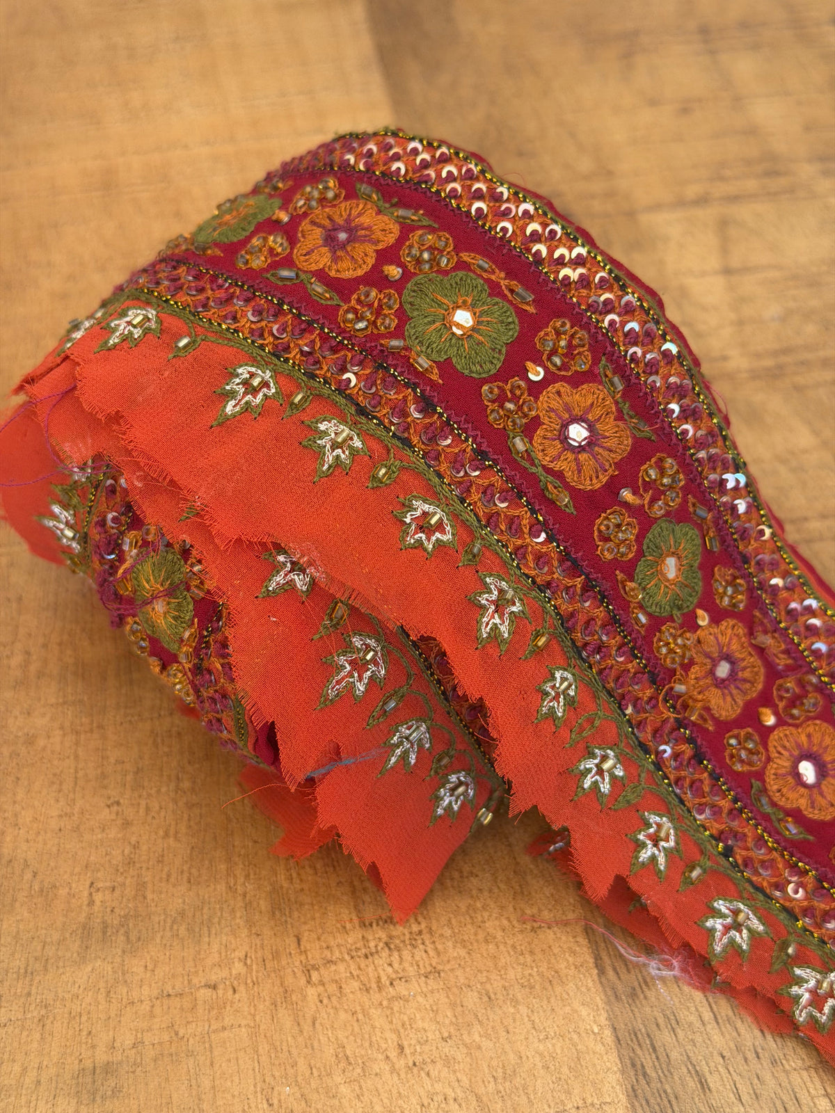 Upcycled Saree Trim – Red With Green & Orange Flowers