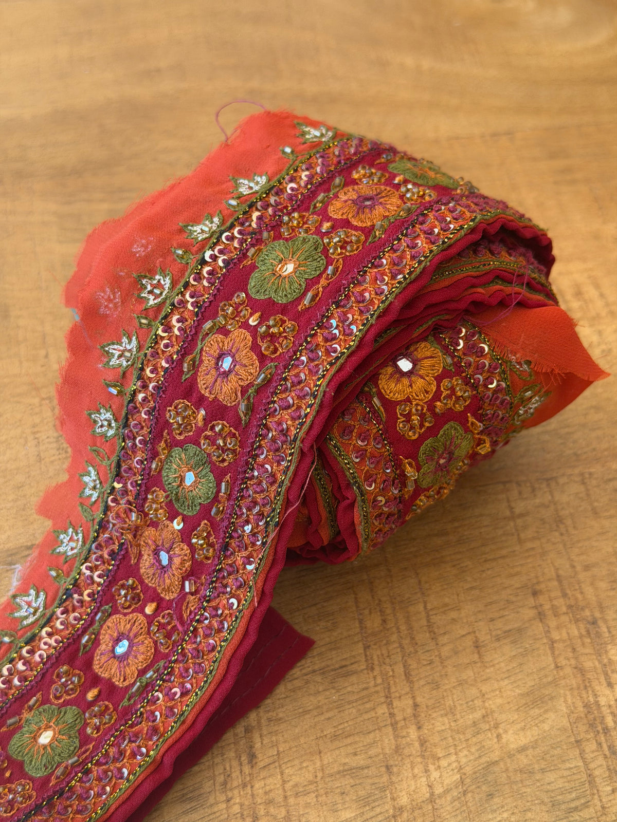 Upcycled Saree Trim – Red With Green & Orange Flowers