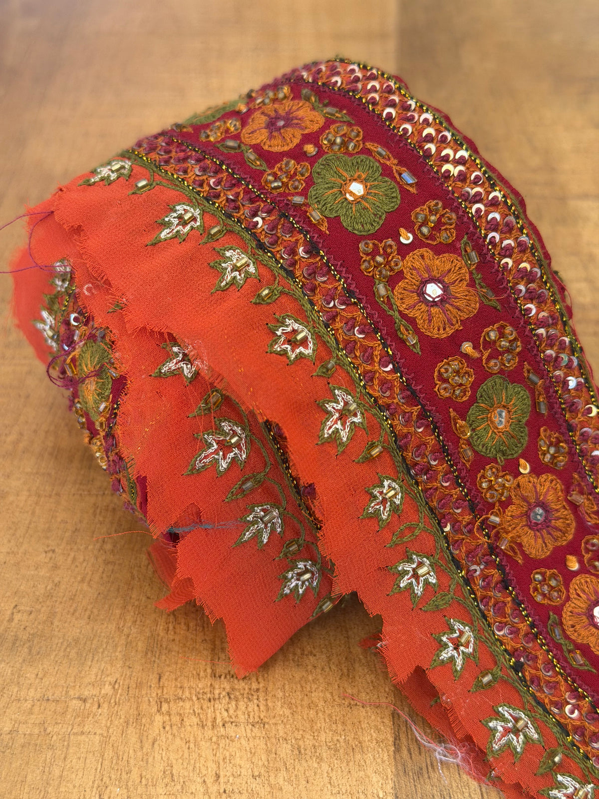 Upcycled Saree Trim – Red With Green & Orange Flowers