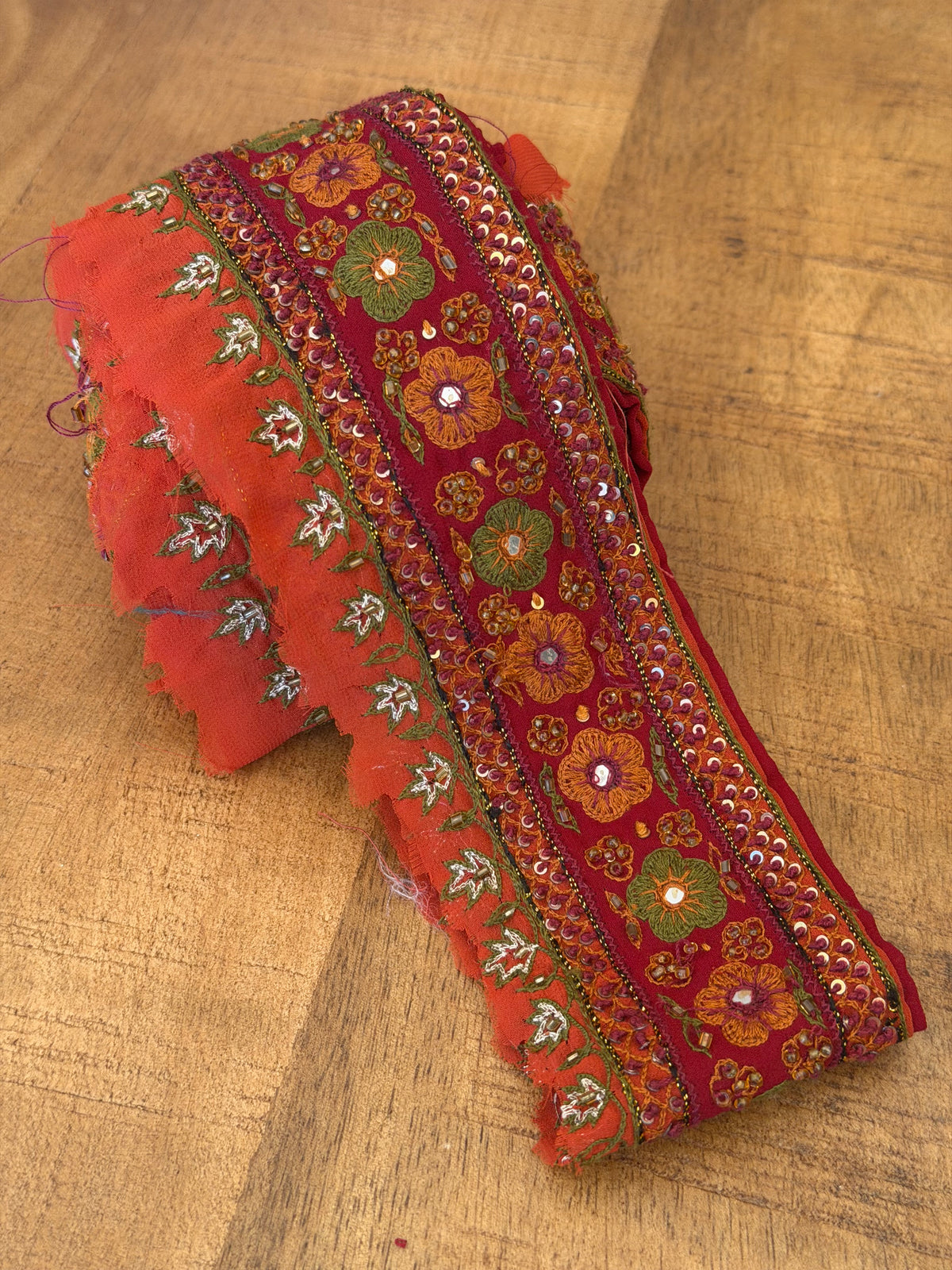 Upcycled Saree Trim – Red With Green & Orange Flowers