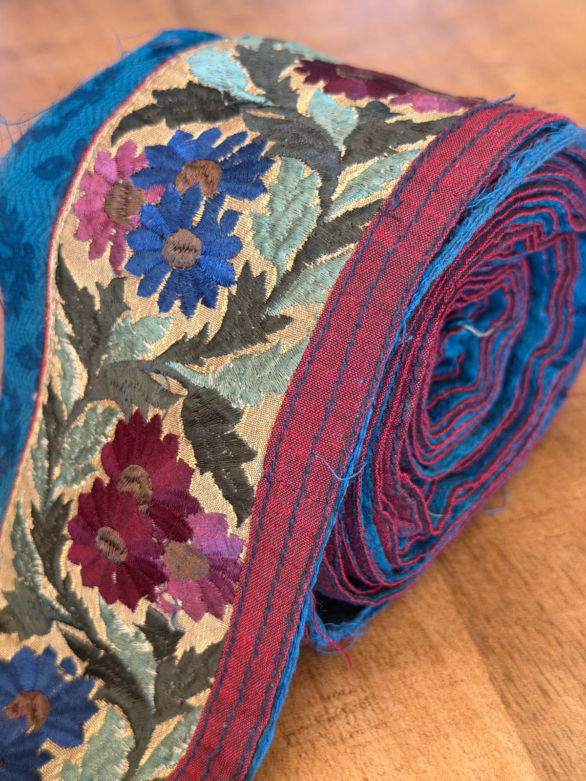 Upcycled Saree Trim – Rich Maroon and Blue Floral