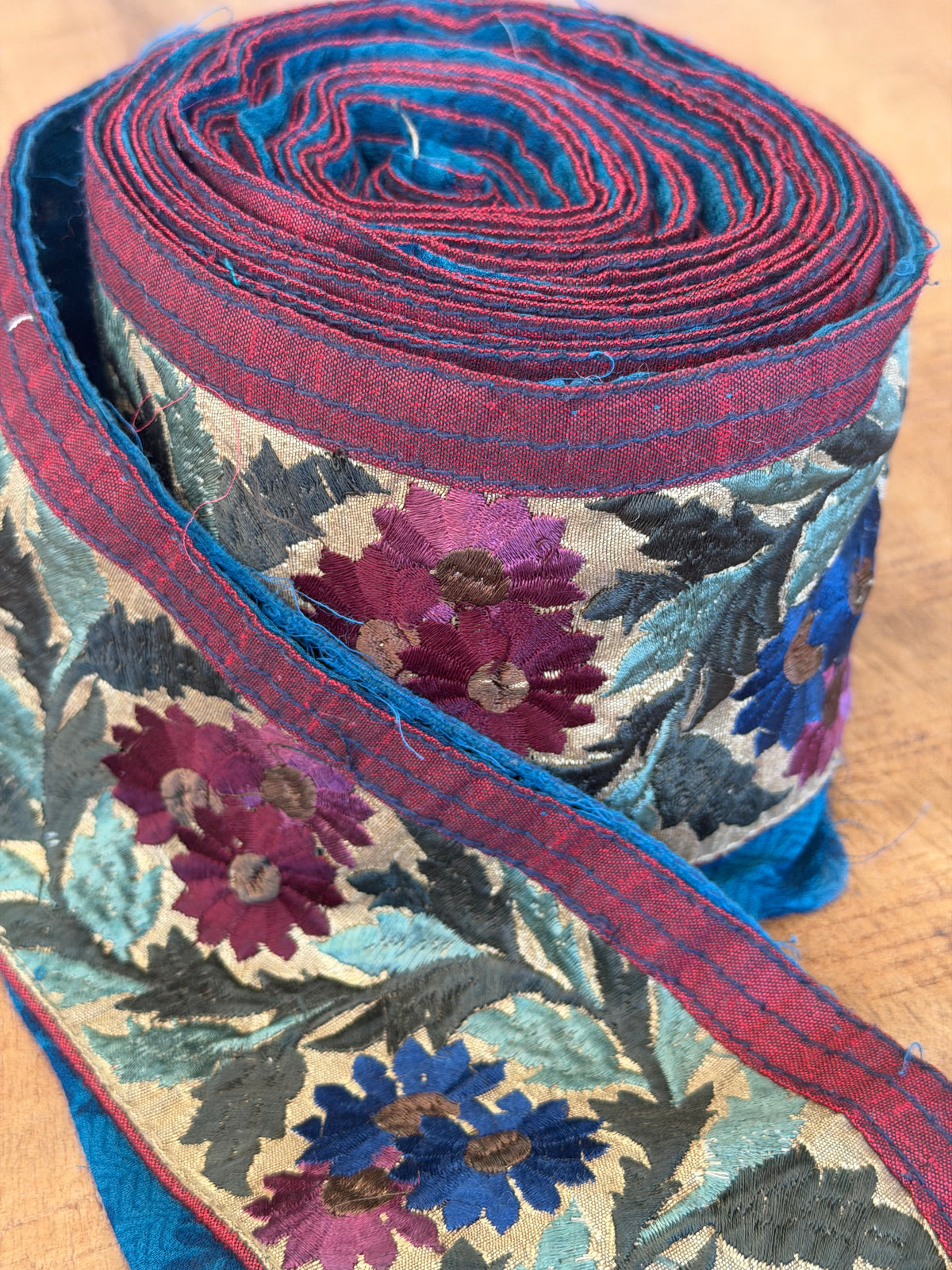 Upcycled Saree Trim – Rich Maroon and Blue Floral