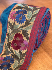 Upcycled Saree Trim – Rich Maroon and Blue Floral