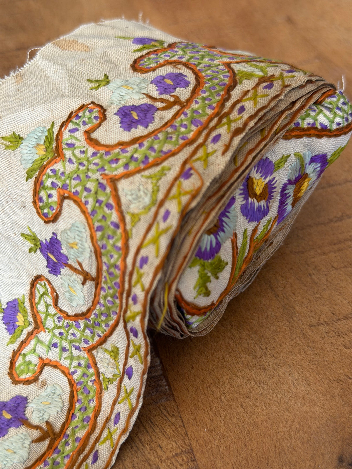Upcyled Saree Trim – Beige & Purple Hand Stitched