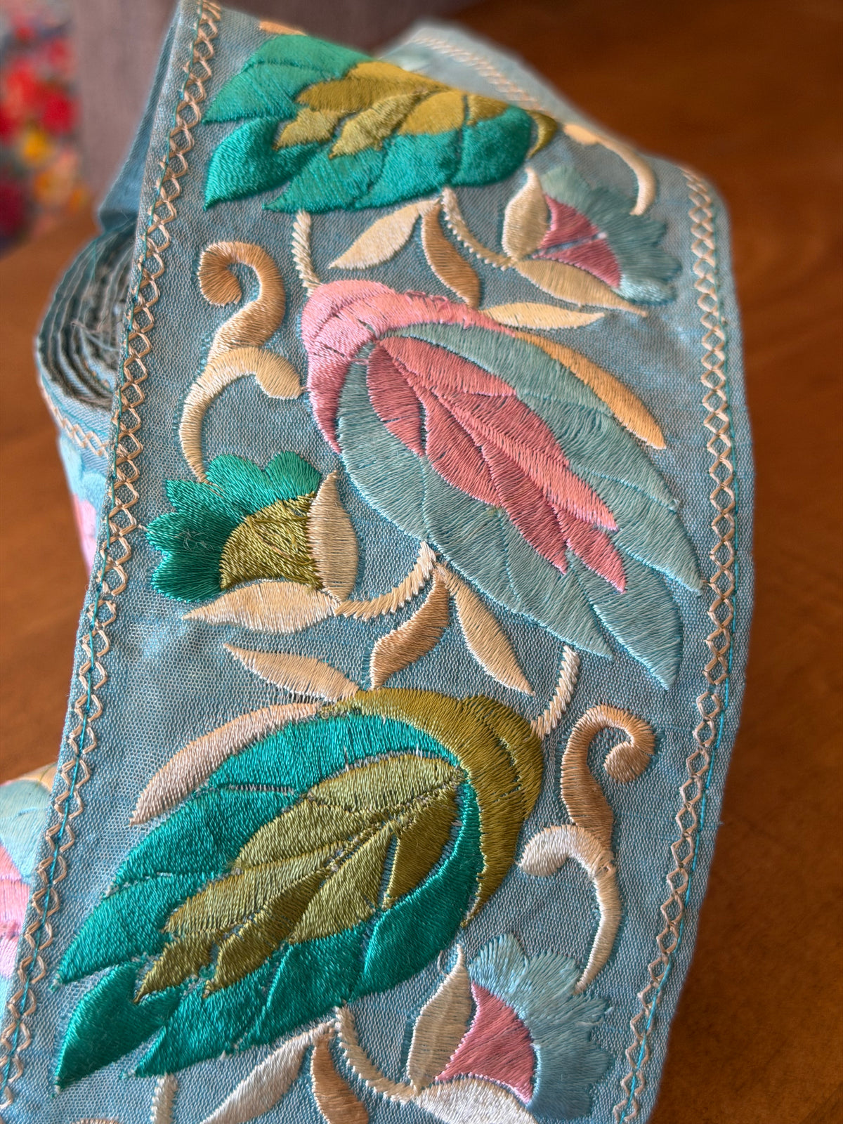 Upcyled Saree Trim – Blue With Turquoise & Pink Floral