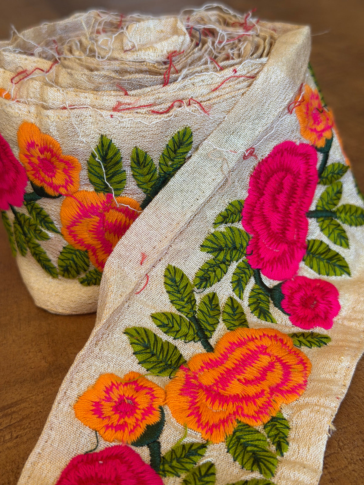 Upcyled Saree Trim – Orange & Hot Pink Floral