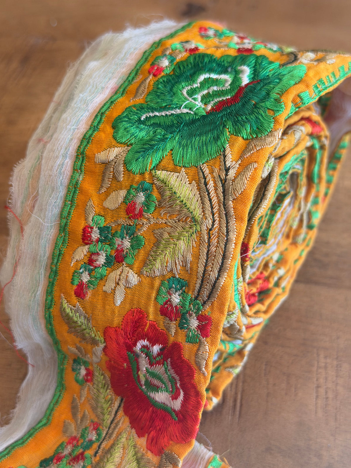 Upcyled Saree Trim – Orange With Green & Red Floral