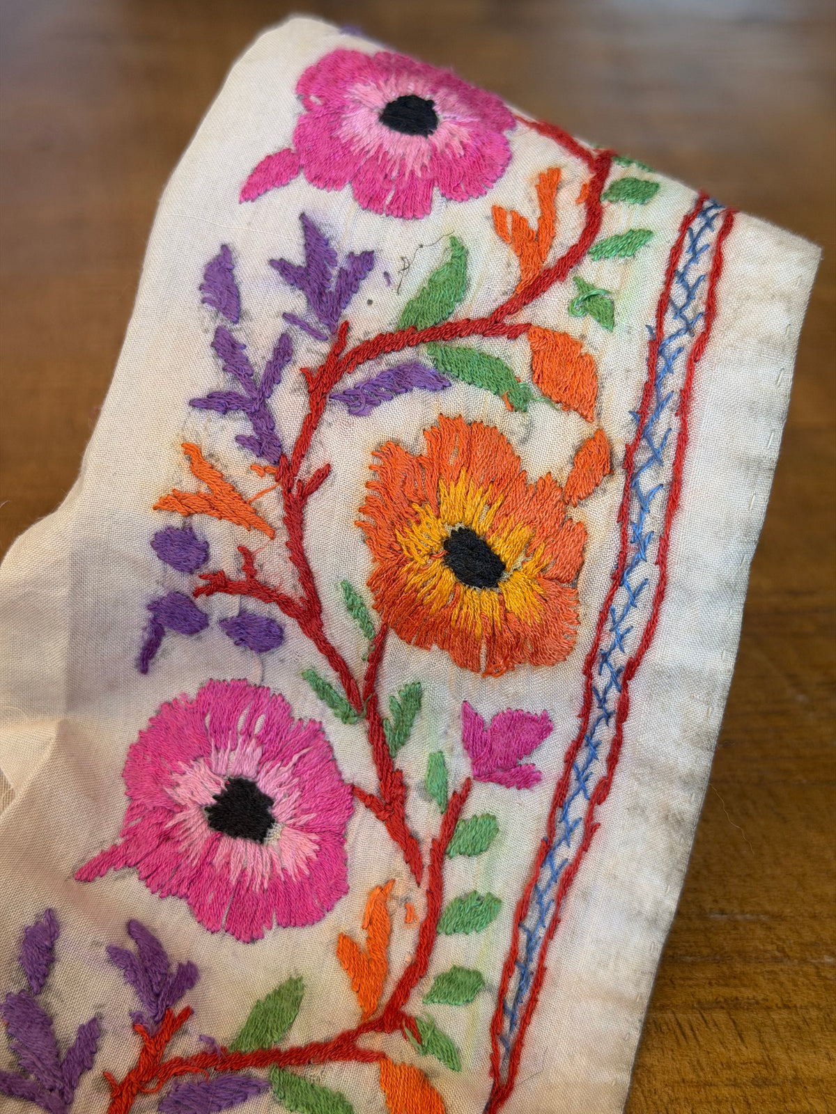 Upcyled Saree Trim – Pink & Orange Flowers Hand Stitched