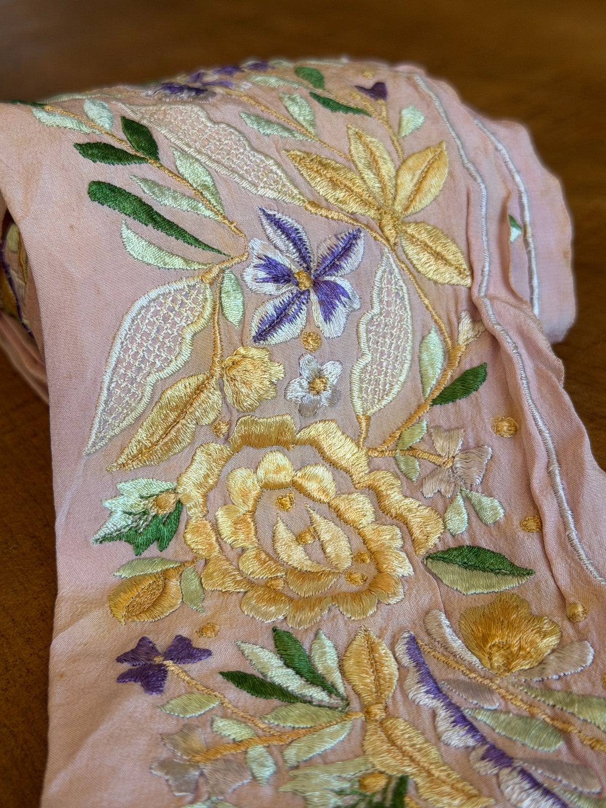 Upcyled Saree Trim – Purple & Yellow Flowers On Soft Pink