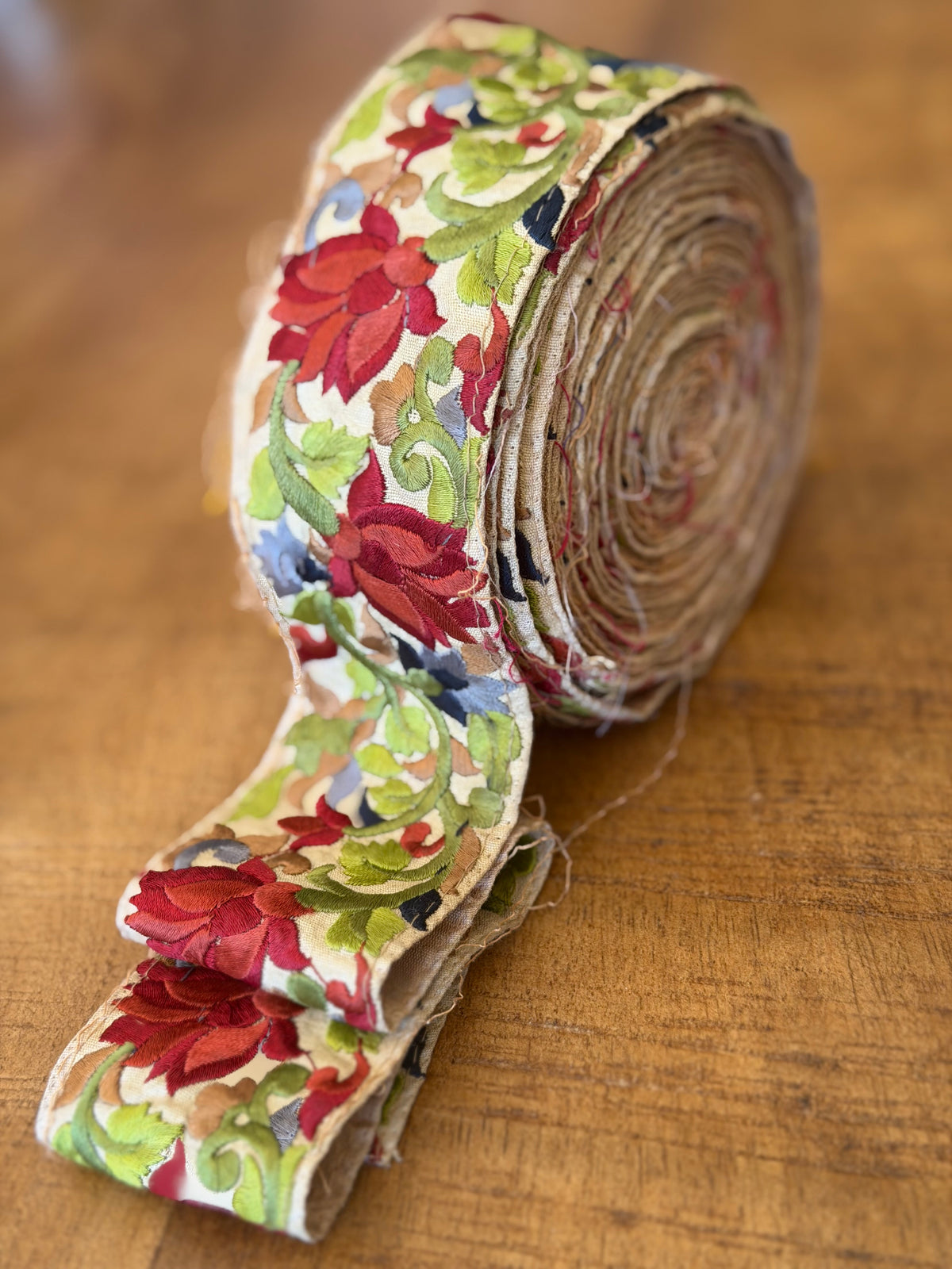 Upcyled Saree Trim – Red & Green Floral