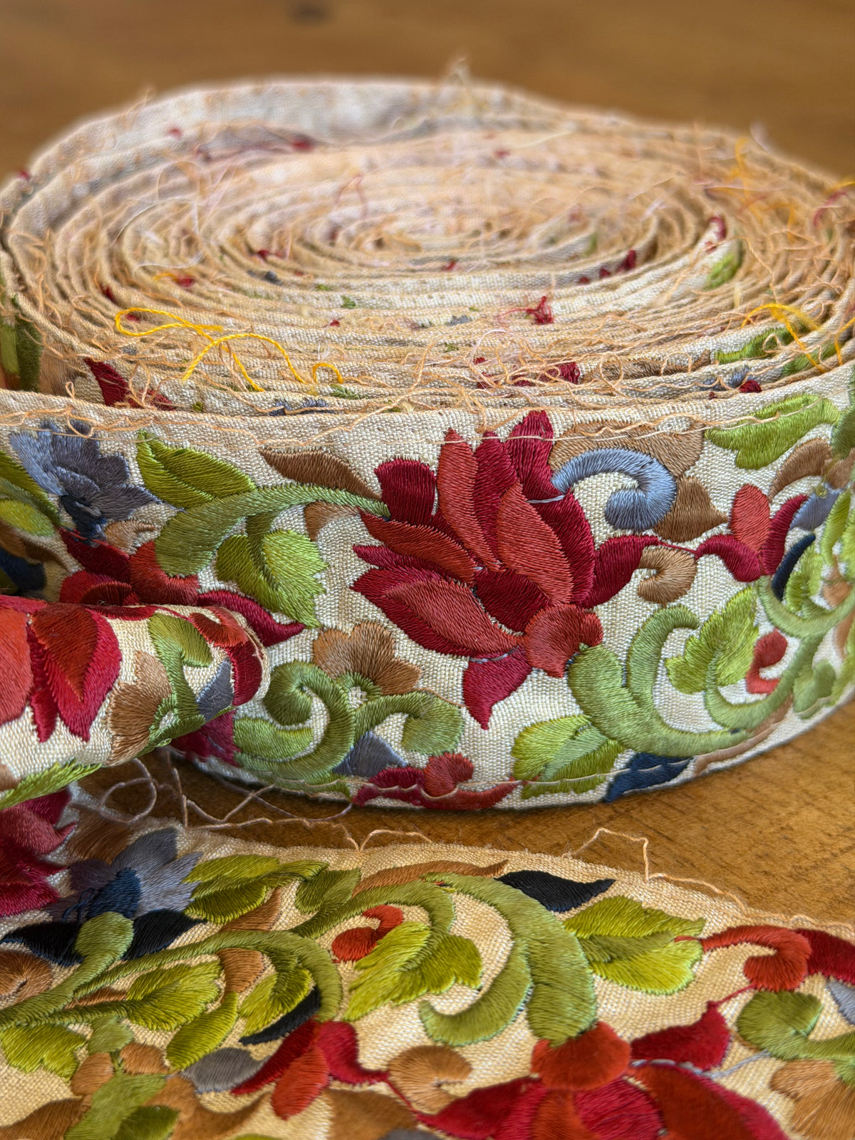 Upcyled Saree Trim – Red & Green Floral