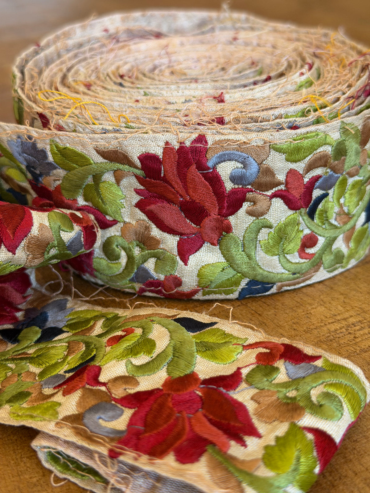 Upcyled Saree Trim – Red & Green Floral