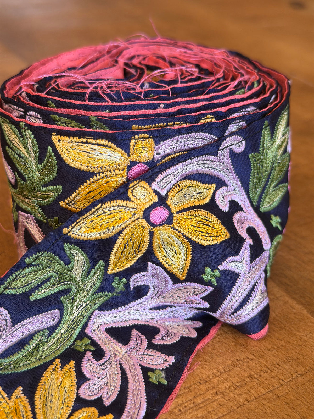 Upcyled Saree Trim – Yellow & Purple Floral on Navy