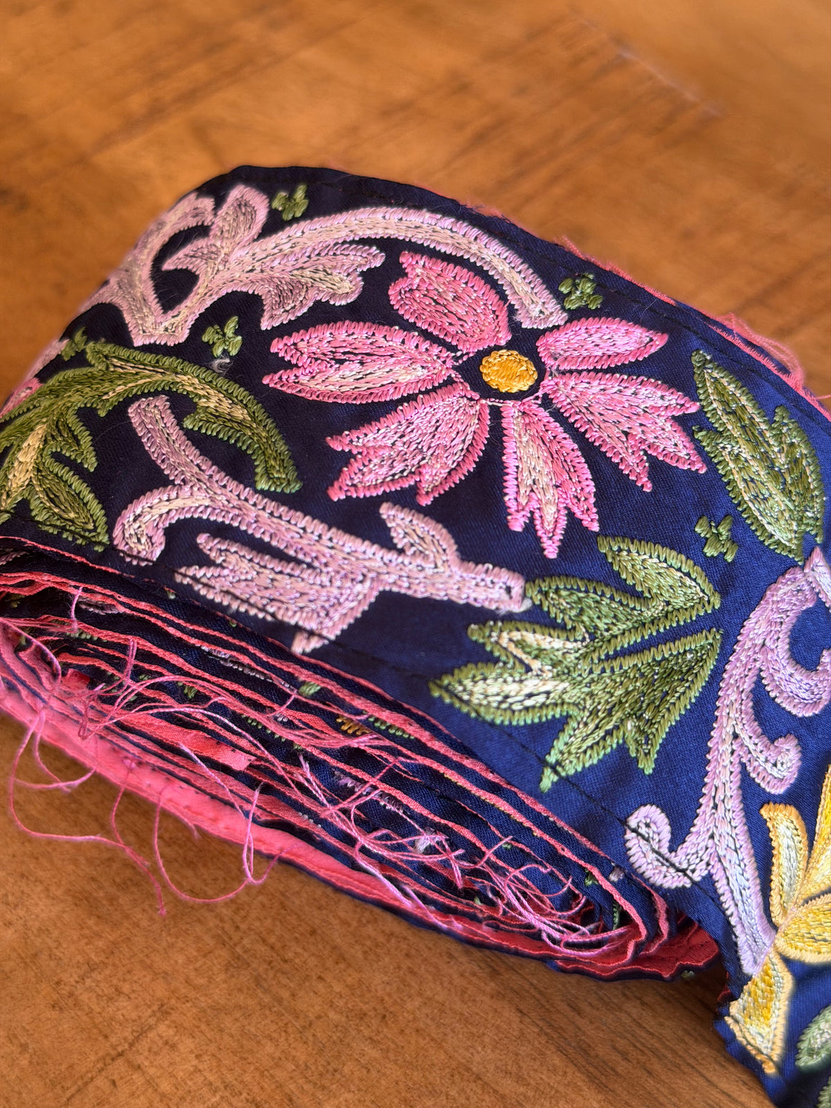 Upcyled Saree Trim – Yellow & Purple Floral on Navy