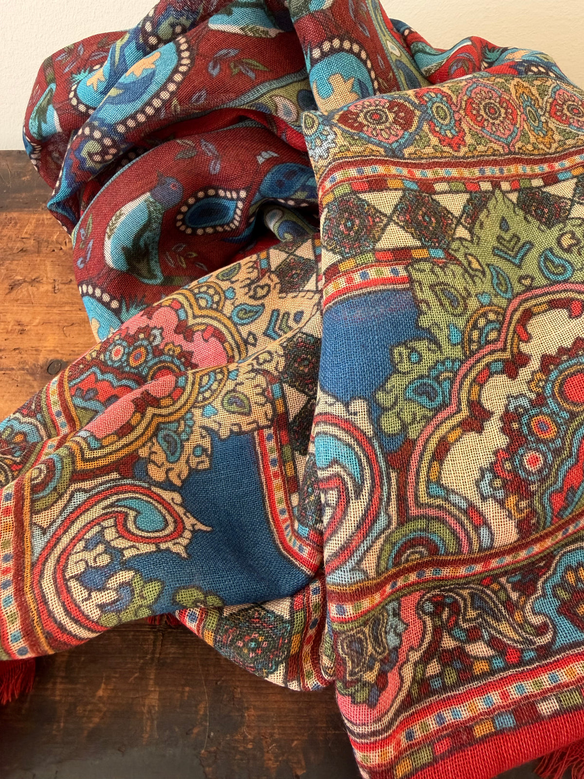 Wool Silk Blend Scarves – Red & Blue